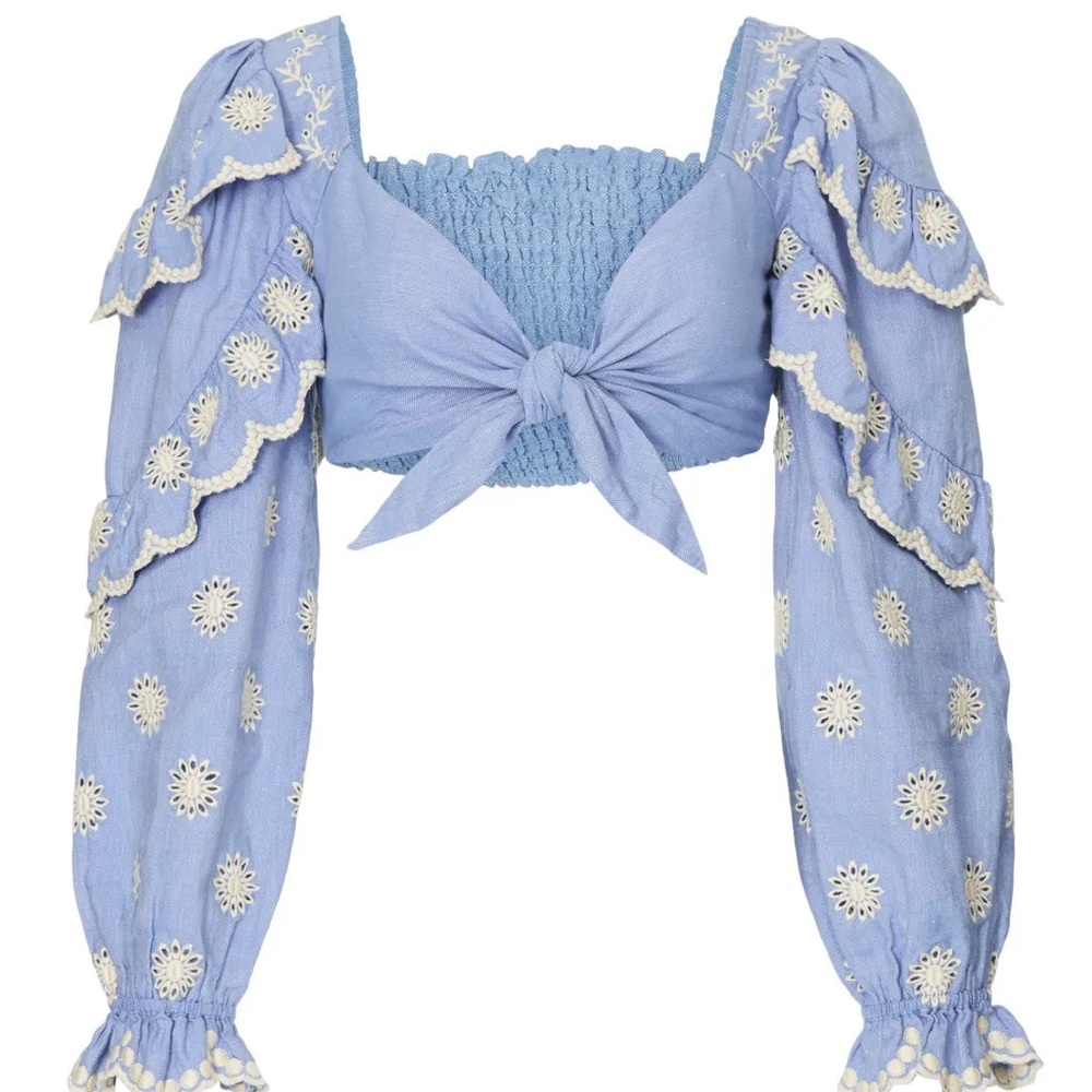 LoveShackFancy Light Blue Floral Blouse